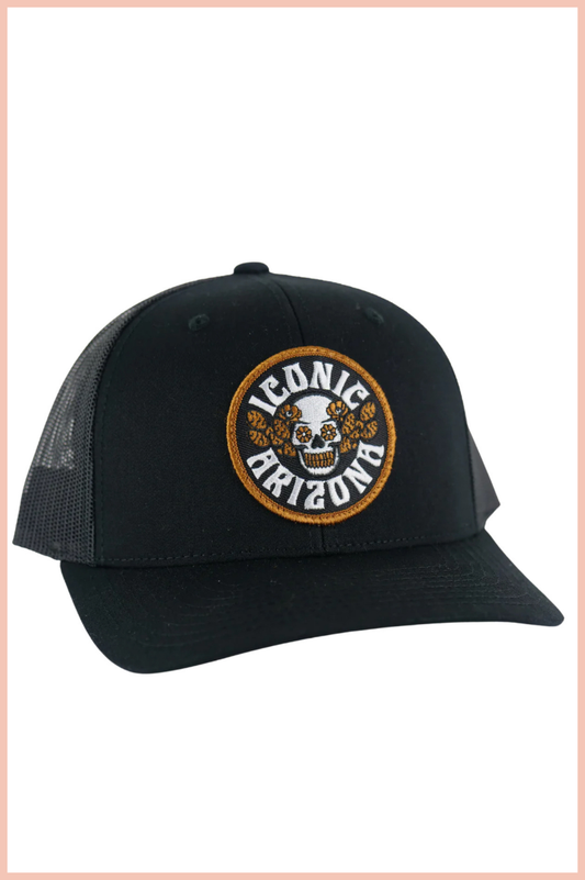 SKULL AND DESERT ROSE TRUCKER HAT