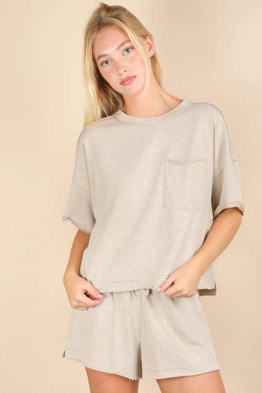Mineral Washed Comfy Knit Top & Shorts Set | Taupe