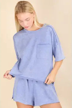 Mineral Washed Comfy Knit Top & Shorts Set | Blue