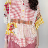 Washed Ruffle Hem Mixed Plaid Top