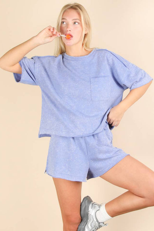 Mineral Washed Comfy Knit Top & Shorts Set | Blue