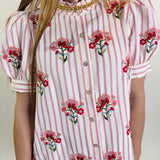 Floral Embroidery Striped Puff Sleeve Top