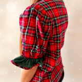 Plaid Puff Sleeve Top + Contrast Ruffle Trim