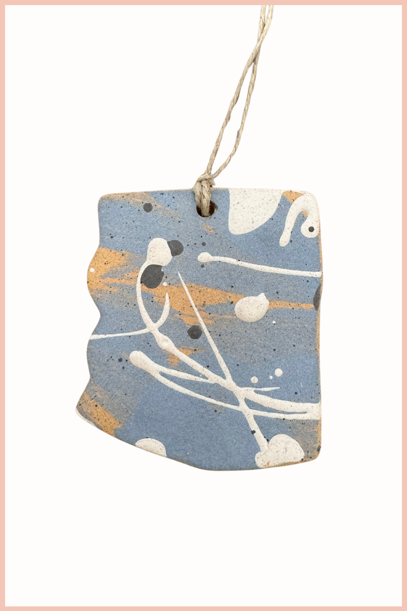 Handmade Arizona State Ornament | Everhart Ceramics | Monsoon Blue | Tan Clay