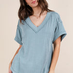 Soft Two Tone Casual Comfy Ribbed Knit Top | Blue