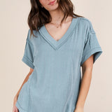 Soft Two Tone Casual Comfy Ribbed Knit Top | Blue