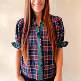 Plaid Puff Sleeve Top + Contrast Ruffle Trim