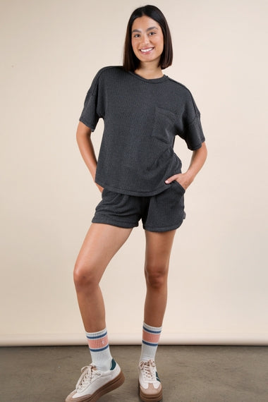 Two Tone Double Knit Top & Shorts Set | Charcoal