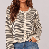 Striped & Polka Dot Ruffle Trim Cardigan