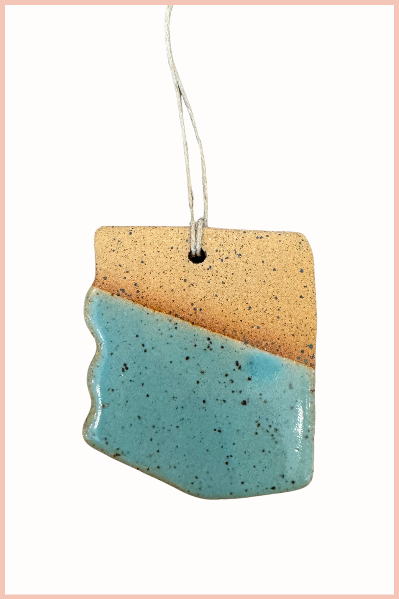 Handmade Arizona State Ornament | Everhart Ceramics | Turquoise Glaze | Tan Clay
