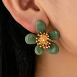 Vintage Brown Resin Flower Pearl Earrings | Gold