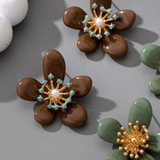 Vintage Brown Resin Flower Pearl Earrings | Gold