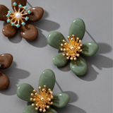 Vintage Brown Resin Flower Pearl Earrings | Gold