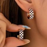 Black & White Checkerboard Huggie Hoop Earrings | Gold