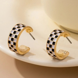 Black & White Checkerboard Huggie Hoop Earrings | Gold