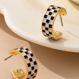 Black & White Checkerboard Huggie Hoop Earrings | Gold