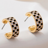 Black & White Checkerboard Huggie Hoop Earrings | Gold