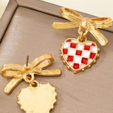 Checkered Heart Bow Drop Earrings | Gold
