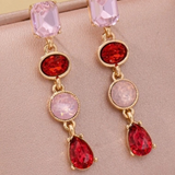 Pink & Ruby Red Multi-Shape Crystal Drop Earrings | Gold