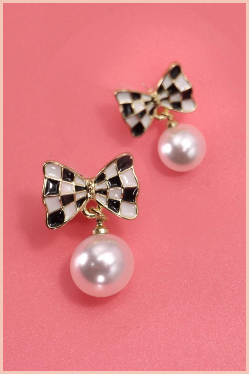 Checker Bow Pearl Drop Earrings