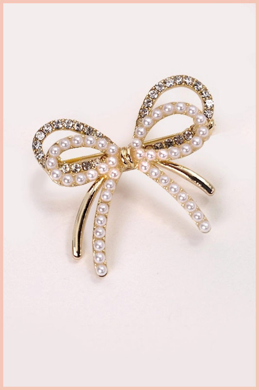 Double Bow Pearl Rhinestone Brooch