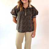 Leopard Puff Sleeve Half-Zip Top