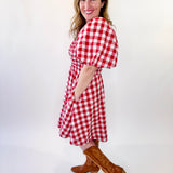 Bubble Sleeve Gingham Pattern Mini Dress