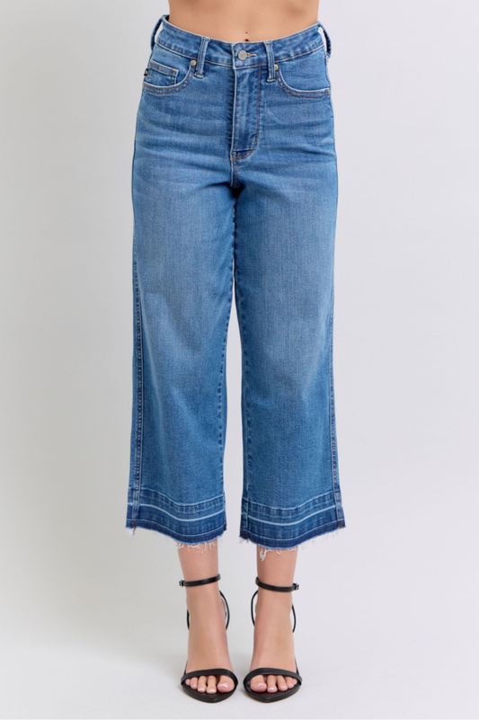 JUDY BLUE Tummy Control Release Hem Crop Wide Jeans