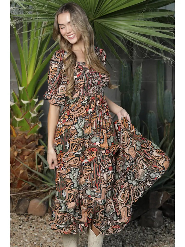 Cactus Candy 1/4 Sleeve Midi Dress Black / Medium