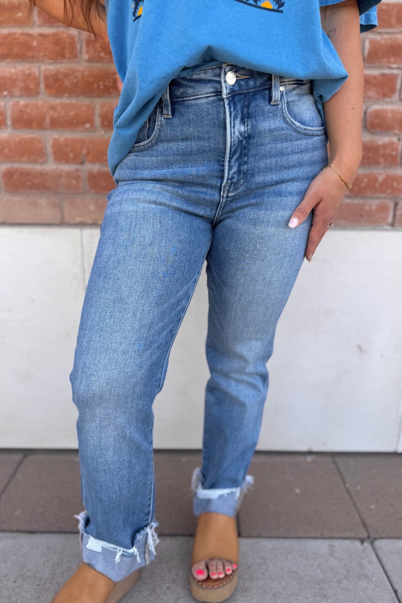 RISEN Tummy Control High Rise Crop Straight-Cuffed Denim