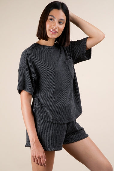 Two Tone Double Knit Top & Shorts Set | Charcoal