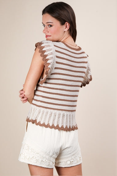 Ruffle Detail Striped Knit Sweater Top | Mocha and Cream
