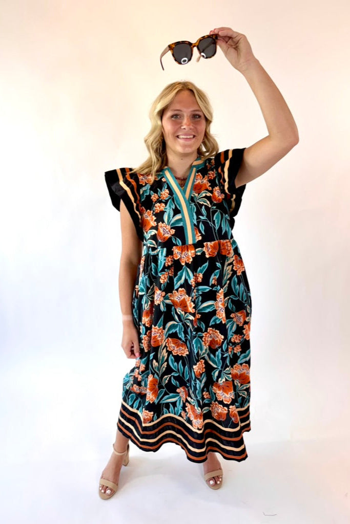 Floral Print Midi Dress + Flutter Sleeves