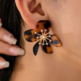 Tortoise Flower Rhinestone Sunburst Statement Earrings