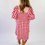 Bubble Sleeve Gingham Pattern Mini Dress