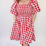 Bubble Sleeve Gingham Pattern Mini Dress