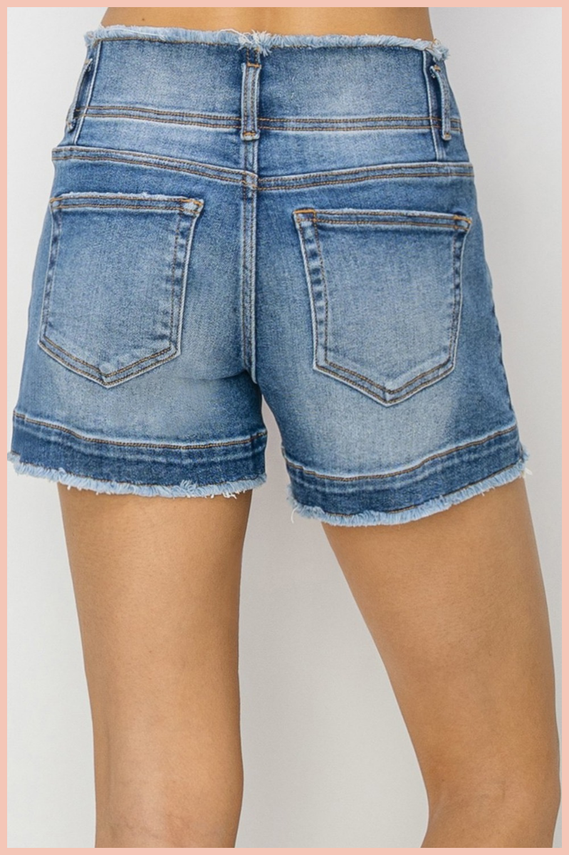 RISEN High Rise w/ Raw Edge Denim Shorts