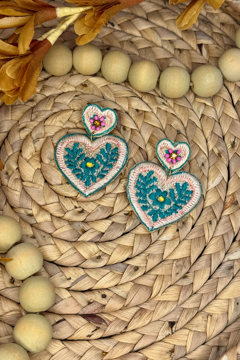 Boho Embroidered Heart Earrings