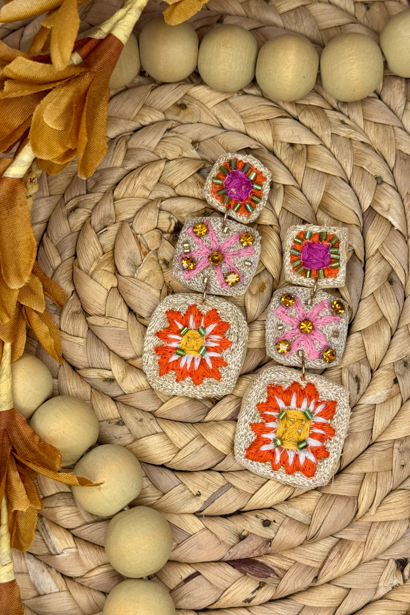 Boho Embroidered Pink Fiesta Earrings