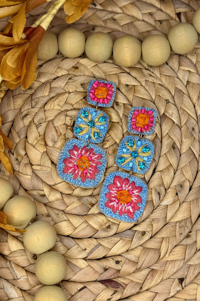 Boho Embroidered Blue Fiesta Earrings