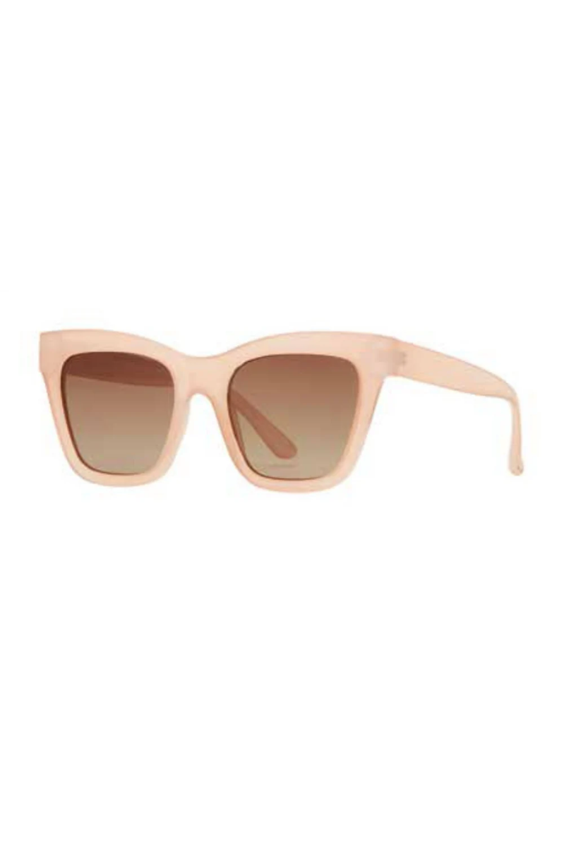 Sunglasses with a light pink frame on a white background