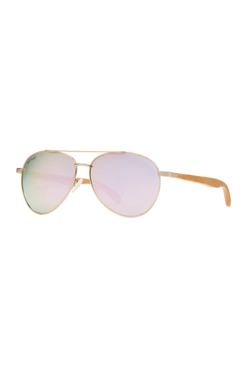 Aviator sunglasses with gold frame and pink-tinted lenses on a white background