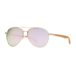 Aviator sunglasses with gold frame and pink-tinted lenses on a white background