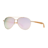 Aviator sunglasses with gold frame and pink-tinted lenses on a white background
