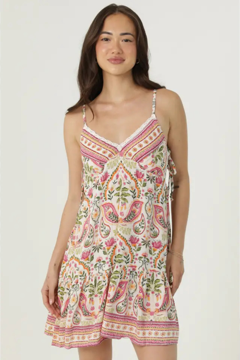 Woman standing in Angie sundress with a white background. Boho V-Neck Lace Trim Printed Sundress | Sku: C4K07-WB57