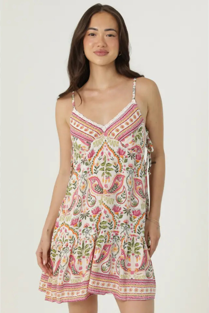Woman standing in Angie sundress with a white background. Boho V-Neck Lace Trim Printed Sundress | Sku: C4K07-WB57