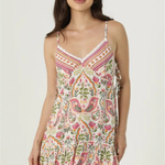 Woman standing in Angie sundress with a white background. Boho V-Neck Lace Trim Printed Sundress | Sku: C4K07-WB57