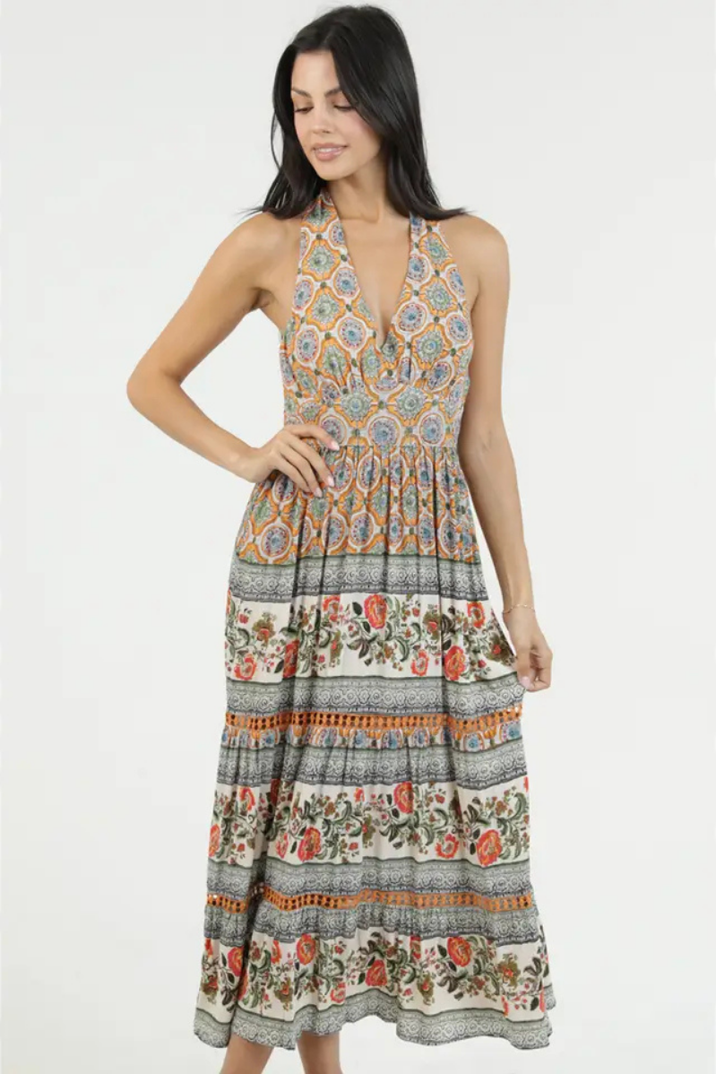 Woman wearing a patterned dress on a white background | Clementine Printed Halter Maxi Dress