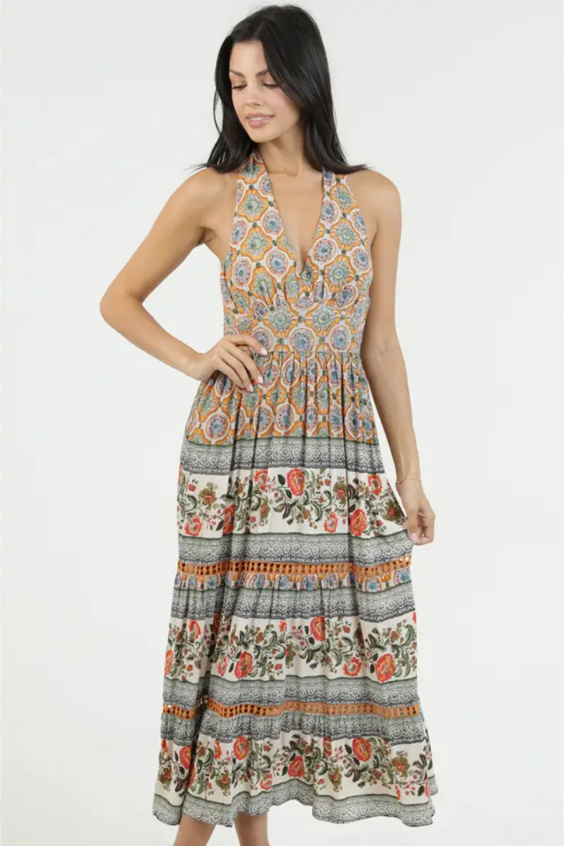 Woman wearing a patterned dress on a white background | Clementine Printed Halter Maxi Dress