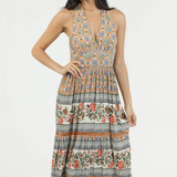 Woman wearing a patterned dress on a white background | Clementine Printed Halter Maxi Dress